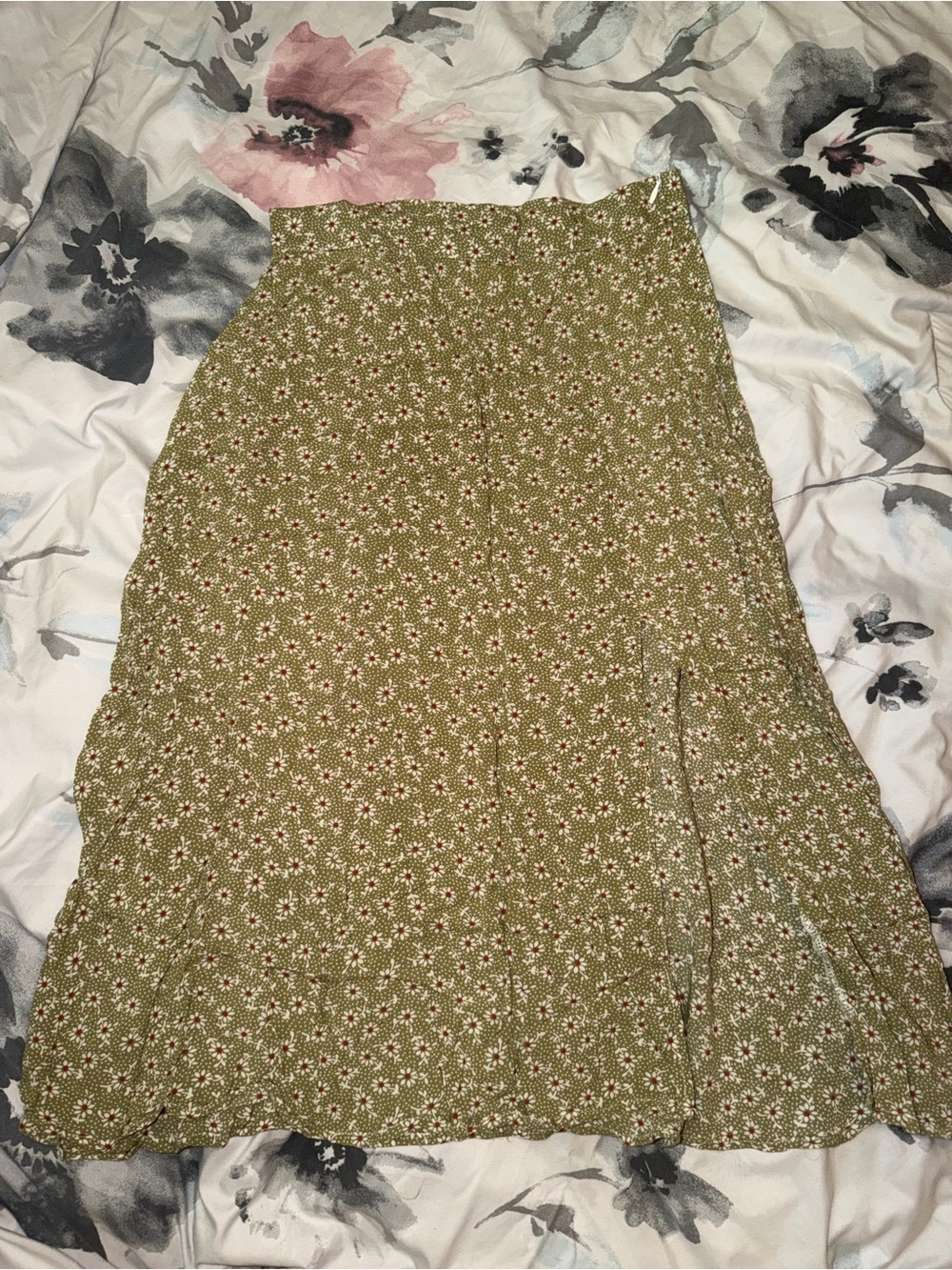 Romwe Olive Green Floral Tiered Midi Skirt